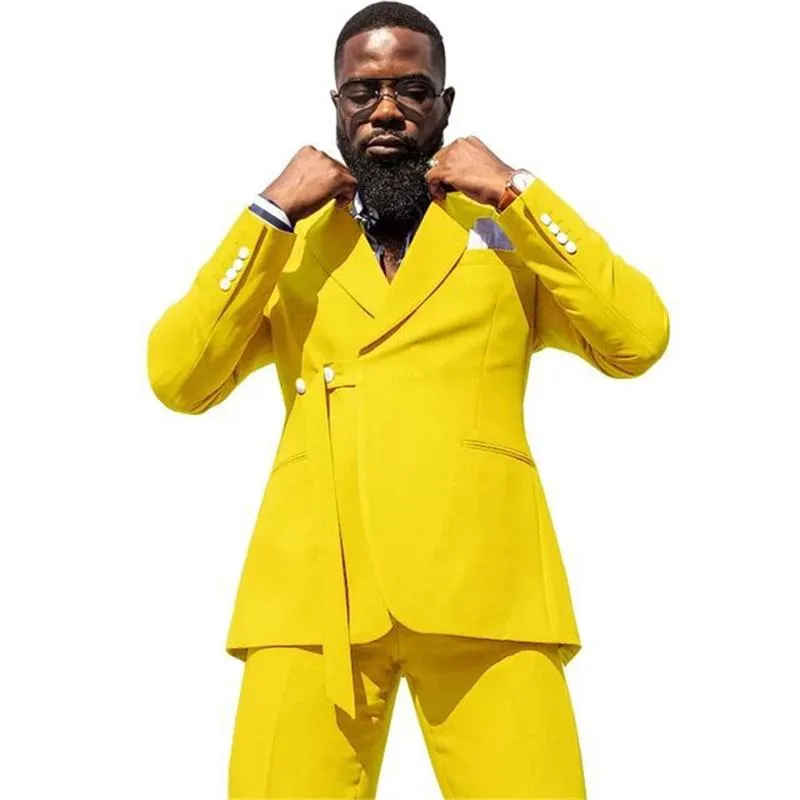 Желтые мужчины Slim подходит для социального костюма Blazer Costume Travel Повседневная Бизнес Свадьба Жених Человек Пром Куртка + Брюки