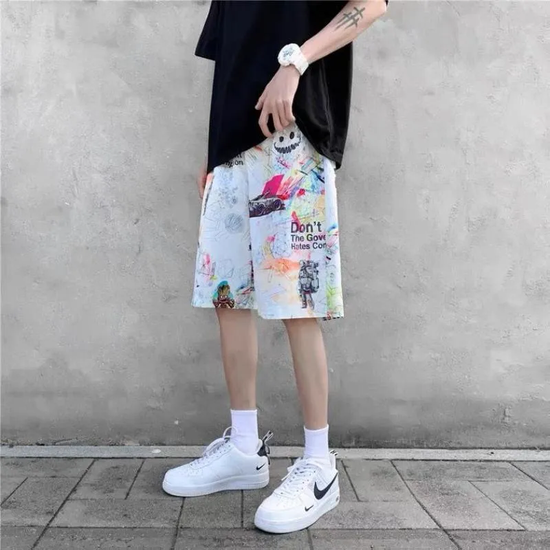 Shorts pour hommes décontracté été Ins Hong Kong Style marque de mode Hip Hop Graffiti étudiant pantacourt mince plage ample