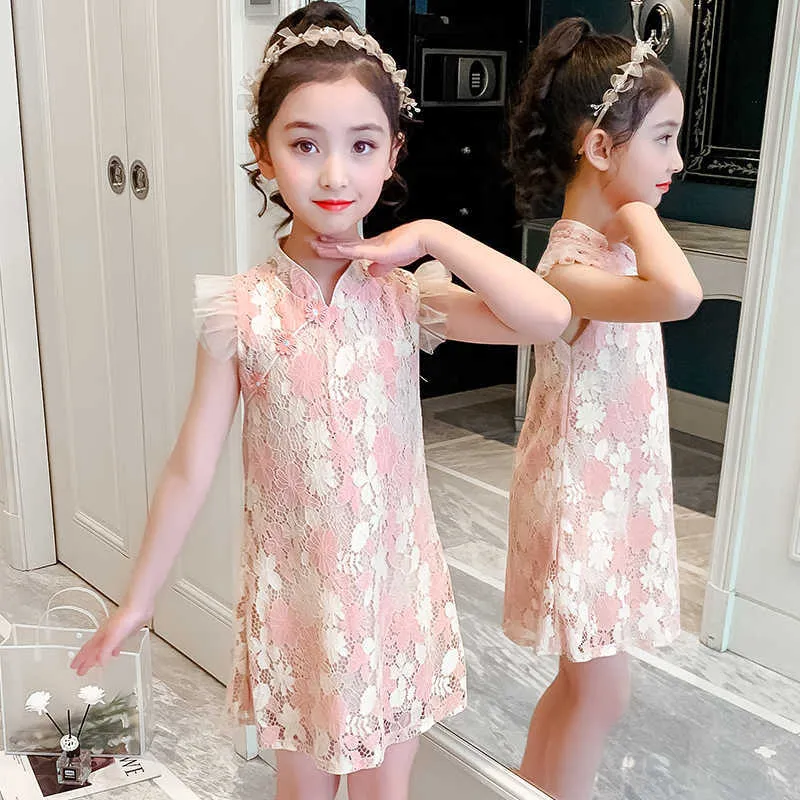 Nowy niebieski retro chiński styl suknia sukienka lato szyfonowa koronka dziewczyna casual księżniczka sukienka odzież dla dzieci bez rękawów dzieci Top Q0716