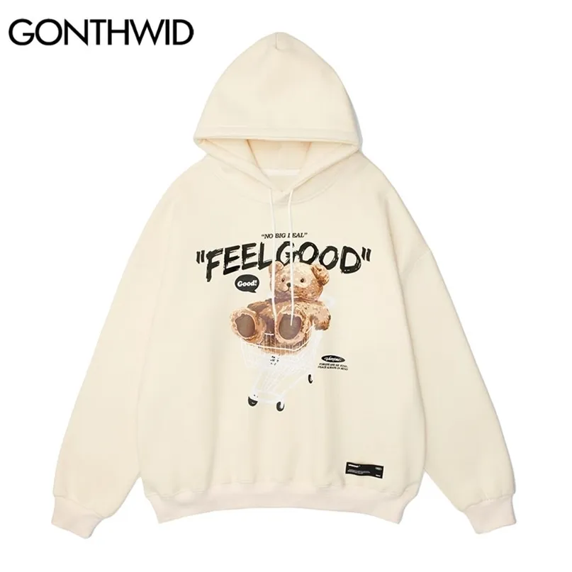 Gonthwid män hiphop hoodie tröja streetwear roliga björn tryck hooded harajuku vinter bomullsfleece pullover khaki svart 211023