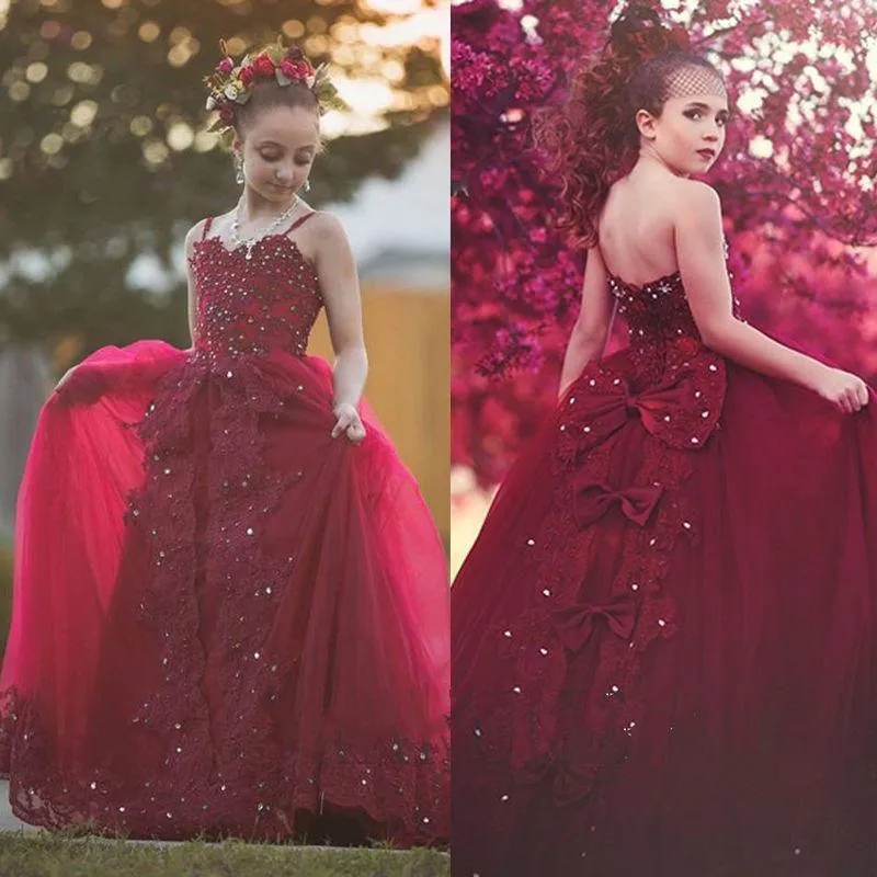 Vestidos de niña Vestido de niña de flores para niños Vestido de fiesta de tul rojo vino para boda Cumpleaños TuTu Primera comunión