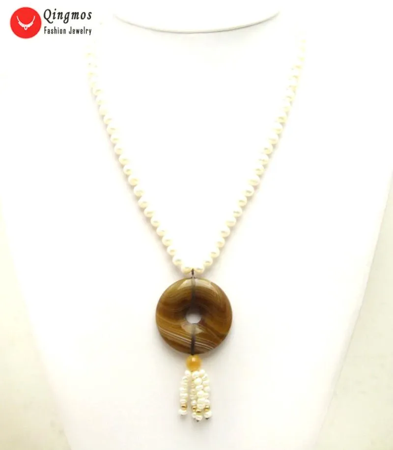 Pendant Necklaces Qingmos Natural 6-7mm White Pearl Necklace For Women 19" Chokers With 40mm Donuts Brown Agates Jewelry