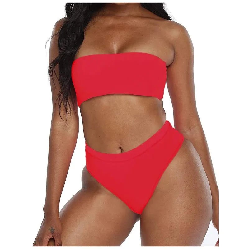 Women's Swimwear Women Solid Push Up Bandeau Bikini Ladies High Waist Sexy Swimsuit Off The Shoulder Bathing Suit Badpak Dames #G3