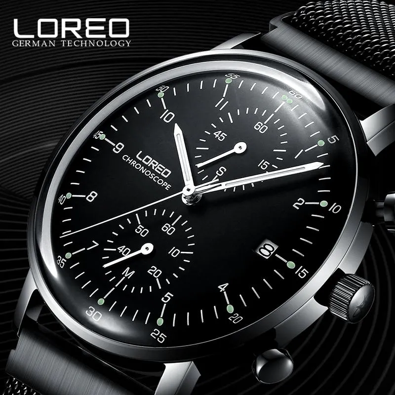 Wristwatches Relogio Masculino LOREO Mens Watches Top Quartz Watch Calendar Luminous Waterproof Mesh Steel Band Simple Men