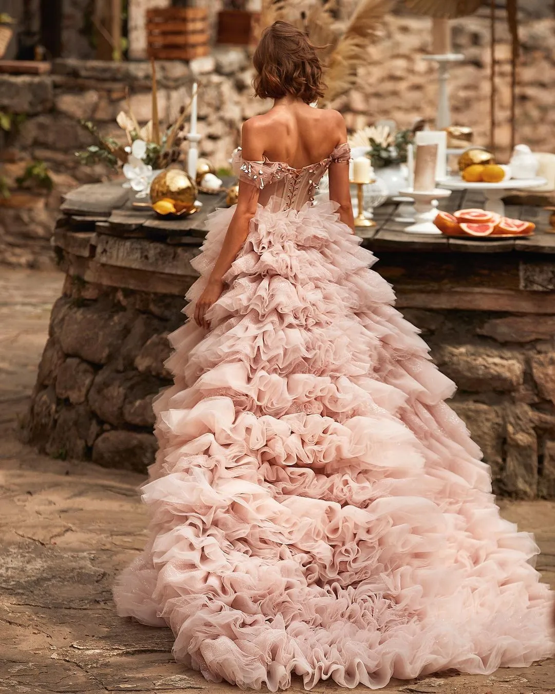 Blush Beaded Off-Shoulder a line wedding dress with Tiered Ruffles and Sweep Train
