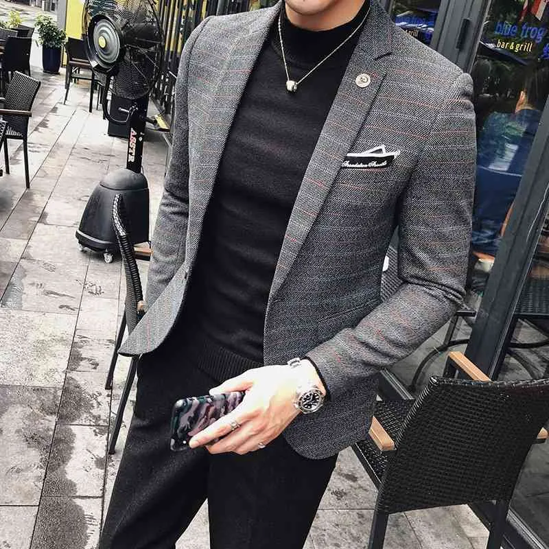 Bahar Erkekler Blazers İngiliz Tarzı Erkek Ince Yağ Iş Rahat Blazer Suit Ceket Marka Tek Düğme Blazer Masculino 210527