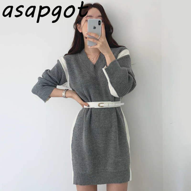 Tempérament V Cou Mince Contraste Couleur Pull Robe Femmes Mini Lâche À Manches Longues Gris Robe Tricotée avec Ceinture Casual Chic Sauvage 210610