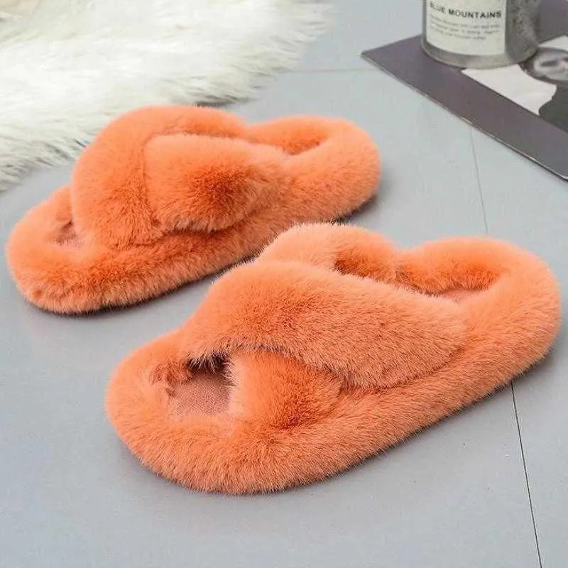 Kvinnor Tofflor Orange Vinter Varm Mjukt Fluffy Plush House Slides Skor För Hem Mode Non Slip Flat Fur Kvinnor Sovrum Slippers Y0731