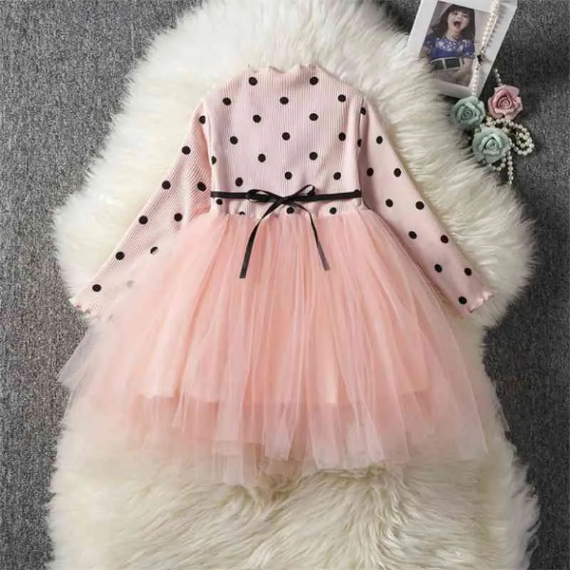 Primavera Autunno Baby Girl Dress manica lunga Dot Mesh Cotton Dress lavorato a maglia Ragazza compleanno Ball Gown Princess Dress Baby Clothes Girl 210713