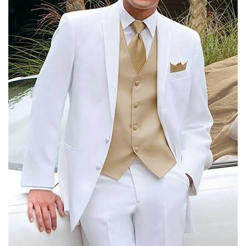 Vit och guld bröllop tuxedo för groomsmen 2020 man mode kostym 3 stycke anpassade män passar jacka midja med byxor x0909