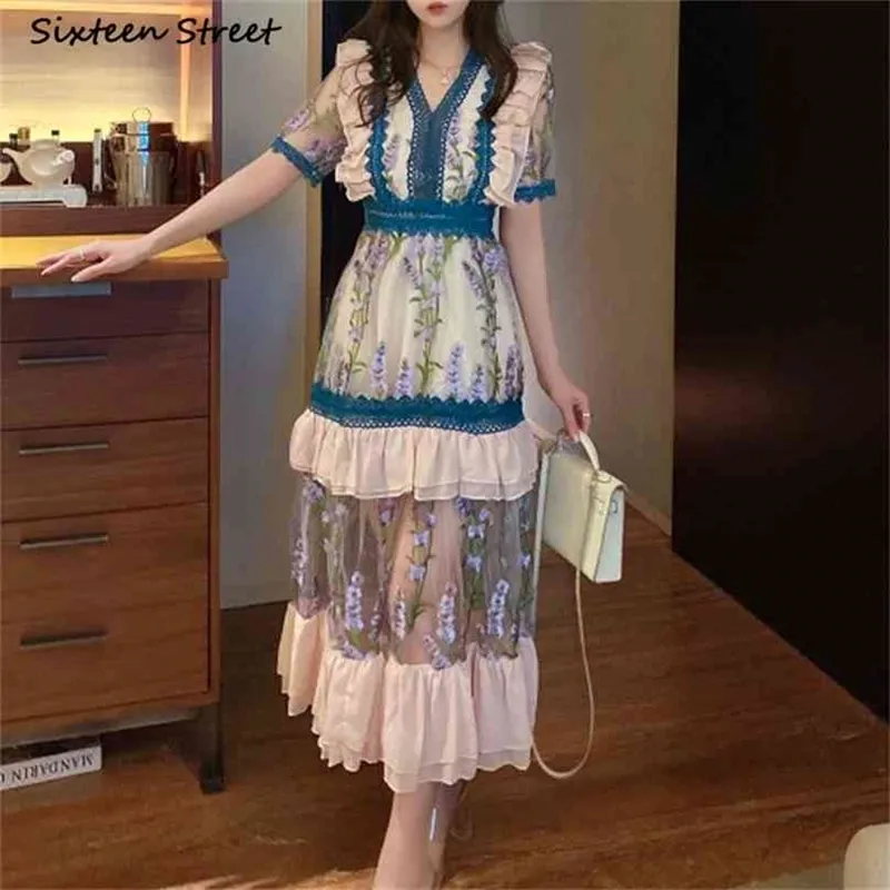 Vintage Embroidery Dress Woman Summer V-neck High Waist Maxi es Vestido Elegant Green Lace Ruffles Party Female 210603