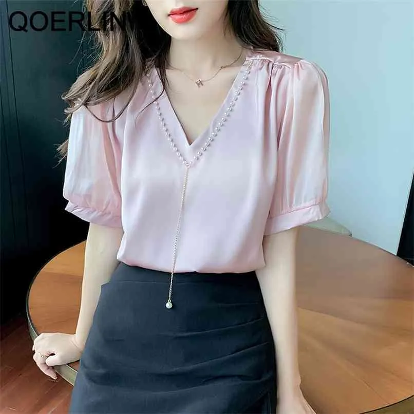 V Neck Short Sleeve Chiffon Shirt Summer Loose Pearl Beading Chain Blouse Plus Size Pink Tops Office Ladies 210601