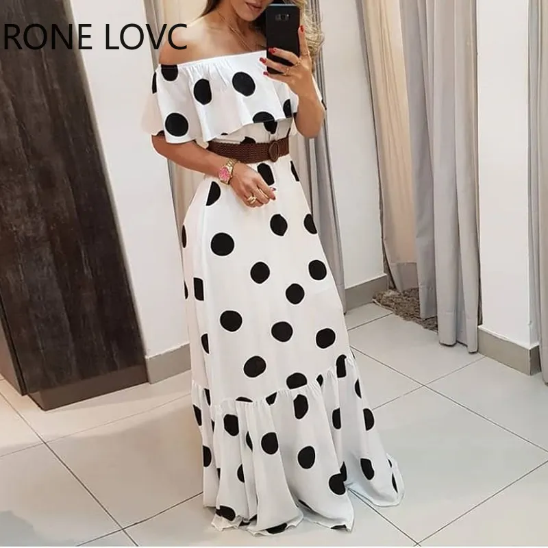 Женская плеча Polkadot Print ruffles Maxi платье элегантное мода шикарное вечеринка платье X0521