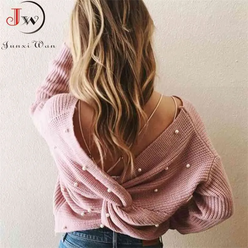 Kobiety Powrót Criss Cross Frezowanie z dzianiny sweter Jesień Zima Elegancka Ol Ciepłe Swetry Moda Solid Jumper Dzianina Pull 210922