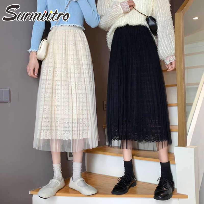 Surmiitro vår sommar lång tulle kjol kvinnor koreansk stil svart spets ihålig hög midja kontor pläterad midi kjol kvinna 210712