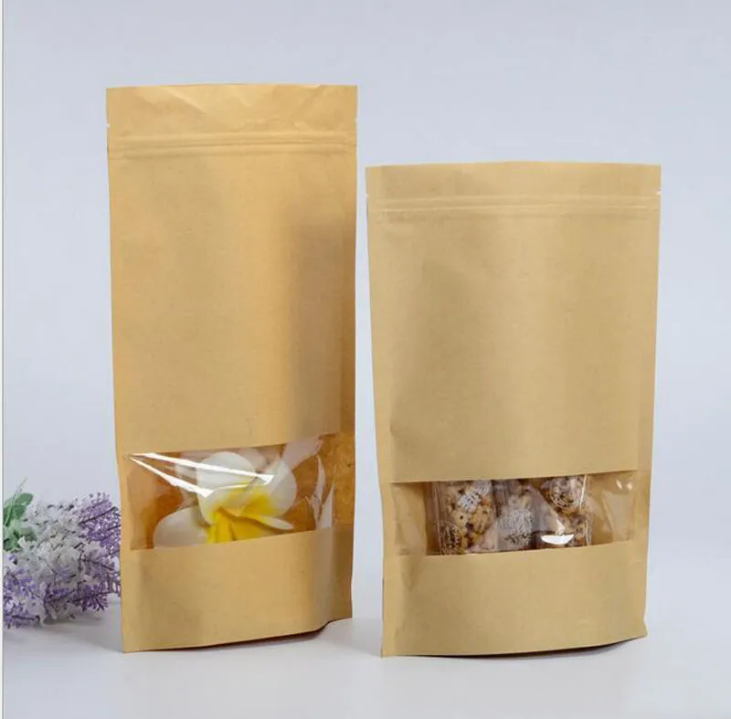 2021 new Food Moisture Barrier Bags with clear Window Brown Kraft Paper Doypack Pouch Ziplock Packaging sealing pouch