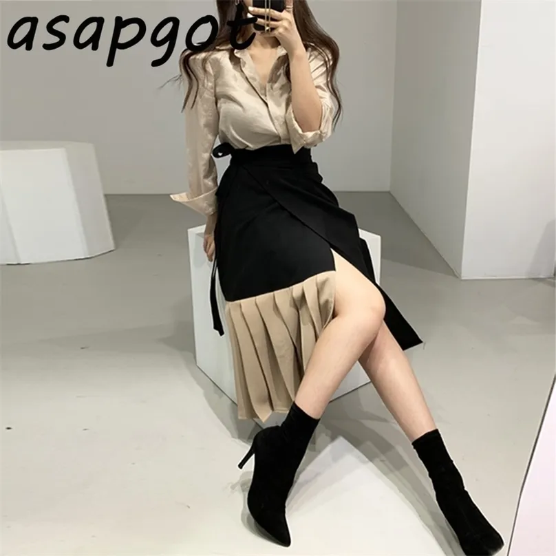 Korean Chic Temperament Gloss Long Sleeve Shirt Lapel Blouse Retro High Waist Lace Up Contrast Patchwork Pleated Skirt Fashion 211106