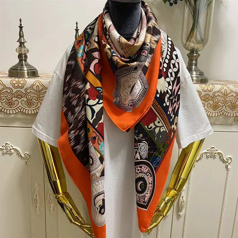 女性のスクエアスカーフスカーフ良い品質100％ツイルシルク素材クラシックデザインパイントパターンサイズ130cm- 130cm
