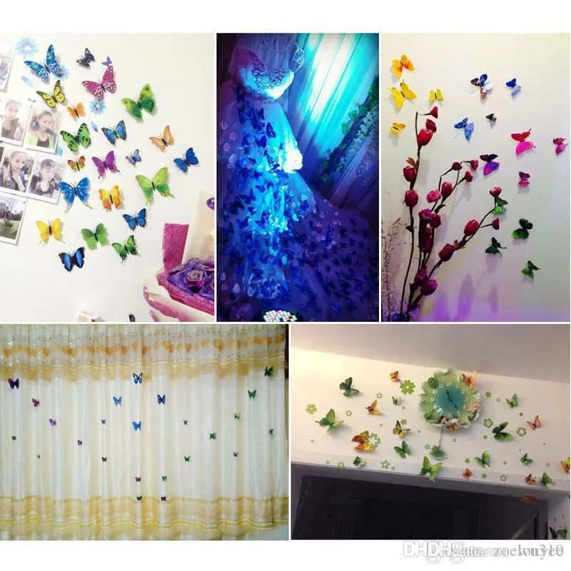 12 pcs 3D Papillon Sticker Mural PVC Simulation Stéréoscopique Papillon Mural Autocollant Réfrigérateur Aimant Art Decal Chambre D'enfant Décor À La Maison XVT0446
