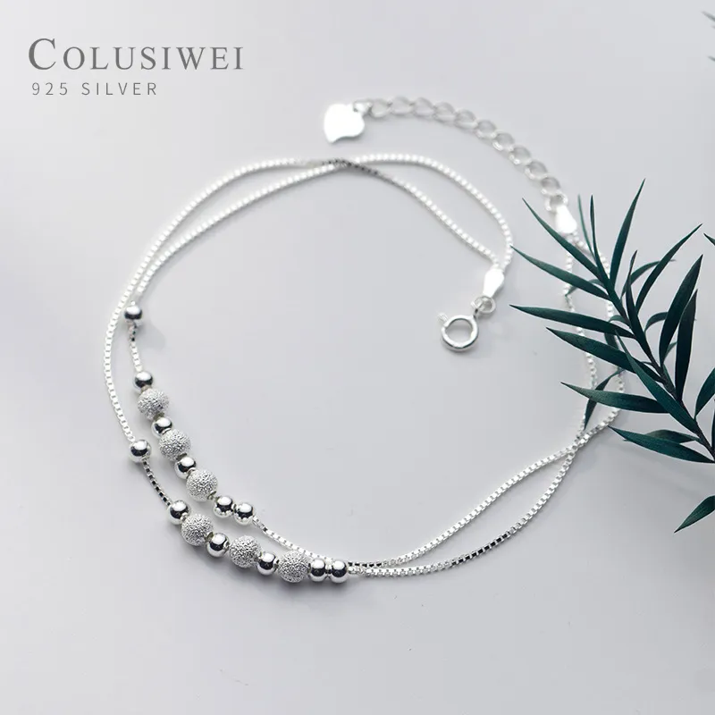 Colusiwei mode 925 sterling silver frostat liten boll ljus pärlor dubbel kedja för kvinnor justerbara anklet fina smycken