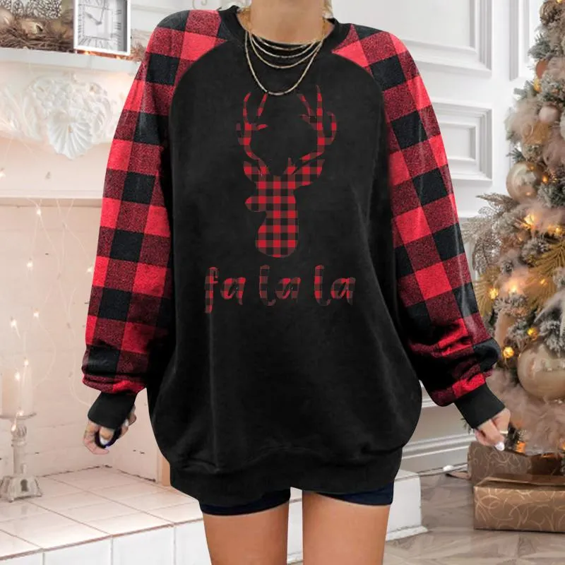 Damen Hoodies Sweatshirts Frauen Weihnachten Elch Plaid Druck Harajuku Casual Langarm Pullover O Hals Herbst Winter Top