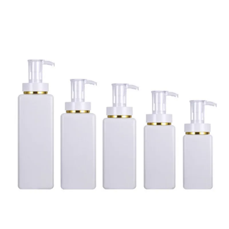 110 ml 220 ml 300 ml 500 ml shampoo vierkante verpakking flessen wit transparante plastic lege cosmetische fles met goud / zilver rand pomp douchegel subfles