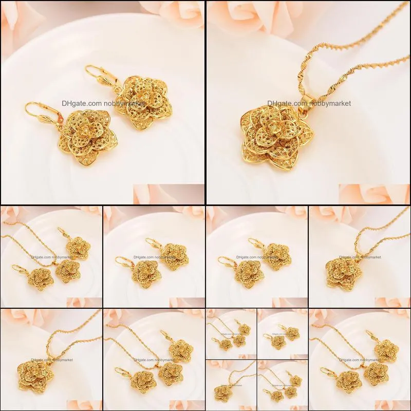 Earrings & Necklace Gold Dubai India Flower Pendant Necklaces Chain For Women Jewelry Sets Wedding Bridal Girls Christmas Gifts