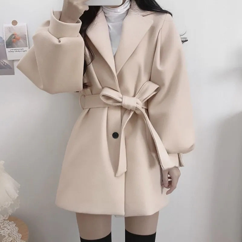 Fashion Autumn High Wide Waist Wool & Blends Black Long Sleeve Turn Down Collar Coat Winter Sashes Slim Korean Jacket Wild