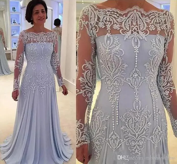 Elegante Scoop A-Line Chiffon Abiti per madri Perle Perline Appliques in pizzo Illusion Maniche lunghe Abiti per la madre della sposa Abito da sera CG001