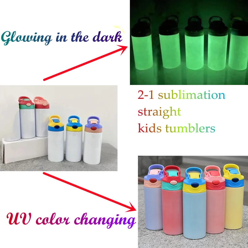 12-Unzen-Sublimationsbecher für Kinder, gerade, UV-Farbwechsel, leuchtend im Dunkeln, 2-in-1-Schlauchbecher, leere Tasse, doppelwandige, isolierte Reiseflasche aus Edelstahl