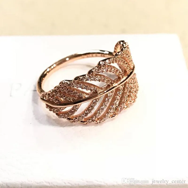 925 Sterling Silver Feather Rings with Clear CZ Diamond fit Pandora style Jewelry for Women 18K Rose Gold Crystal Wedding Ring