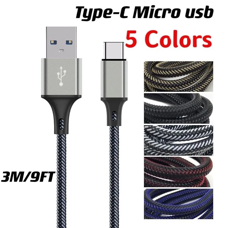 3m / 9ft Tipo de carregamento rápido C Micro USB Cabo de Cabo Trançado Cabos Líquidos para Samsung S8 S10 HTC LG Android Moblie Telefone