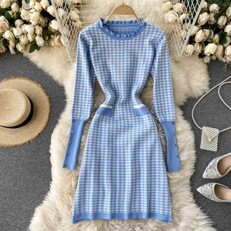 Ly Varey Lin Automne Hiver Femmes Sweet Ruché Slim Moyen Long Robe tricotée Vêtements chauds Base Pull Plaid 210526