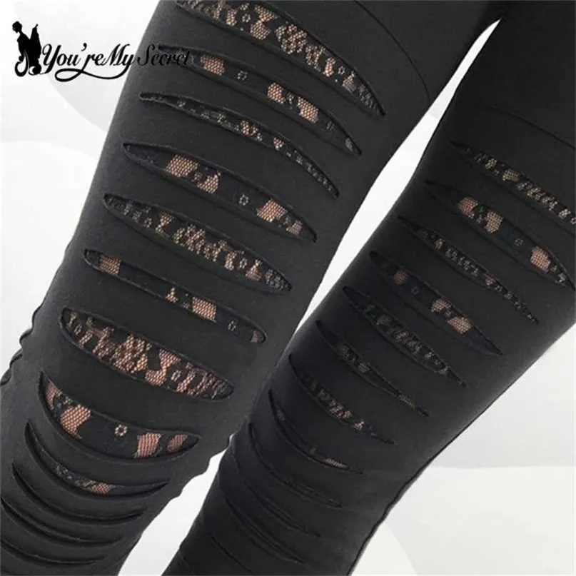 Gothic Lace Shredded Loft Leggings For Women Mid Waist, Slimming