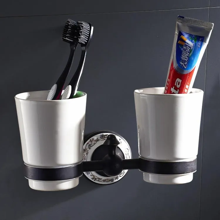 Toilet Brushes & Holders Black Copper Drawing Hanging Wall Type Huatao Base Double Cup Drilling Installation Toothpaste Holder