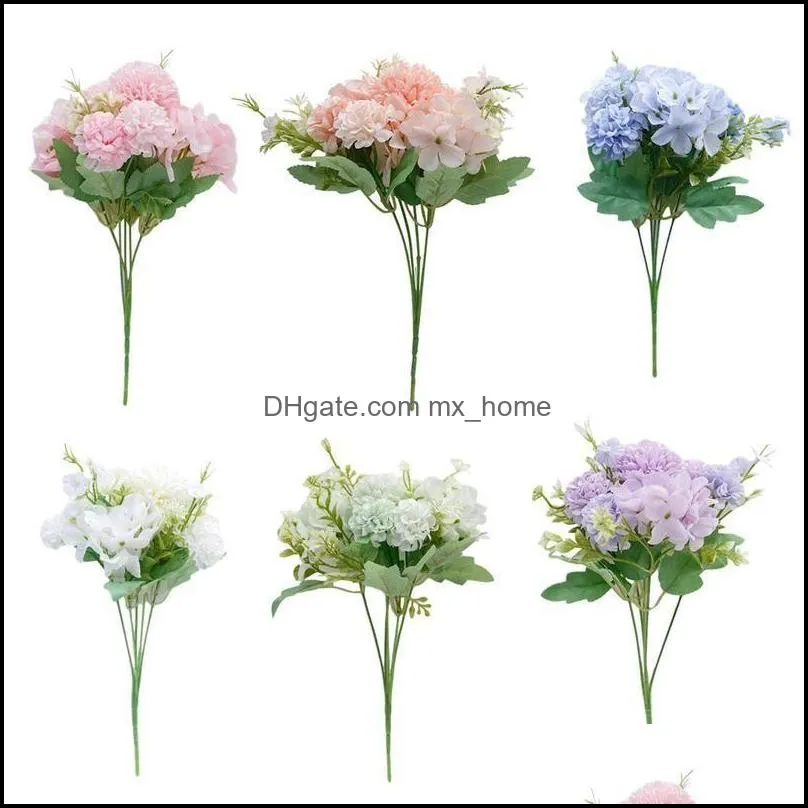 1pc 5 Heads Hydrangea Flower Wedding Bride Colorful Artificial Bouquet Peony Silk Flowers Table Holding Ball Home Decoratio E8G1