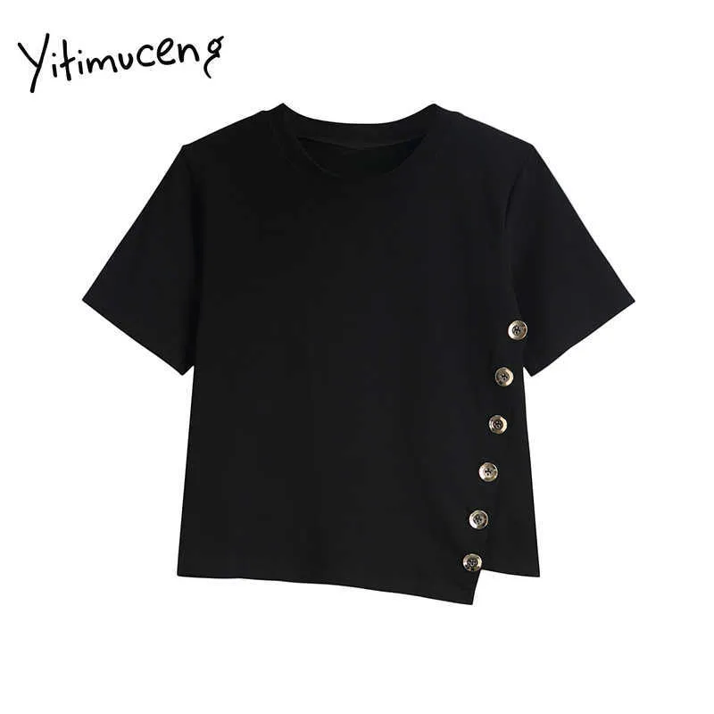 Yitimuceng O-neck Woman Tshirts Irregular Tops Moda Solid Short Tees Summer Button Roupa Feminina Confortável Streetwear 210601