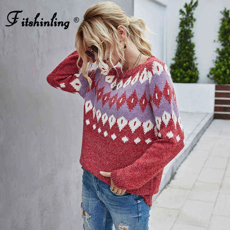 Fitshinling Bohemian Vintage Donna Maglioni e pullover natalizi Maglione rosso geometrico Maglieria Vacanza Brutto maglione Inverno Y1118