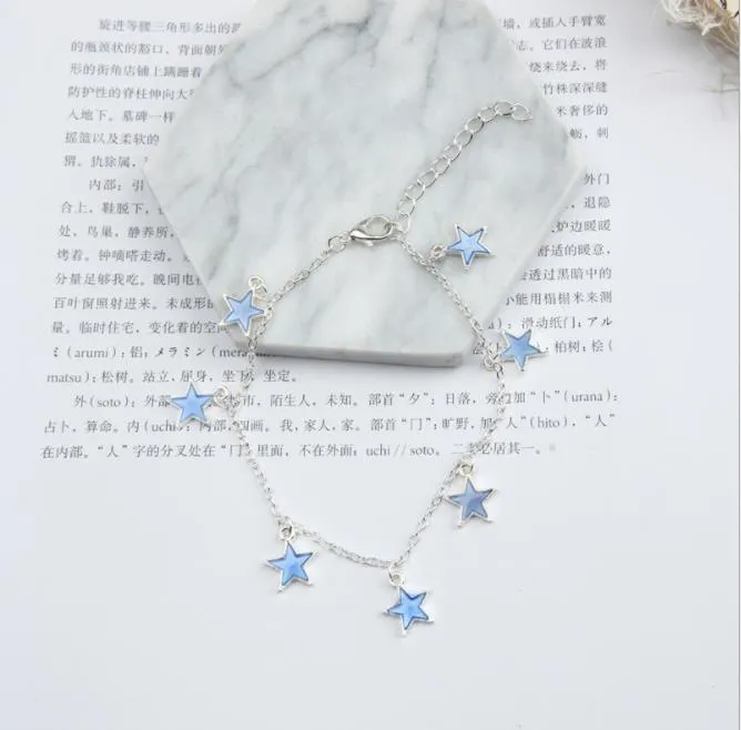 Lights Europe And The United States Ladies Beach Wind Blue Five - Pointed Star Tassel Anklet Luminous