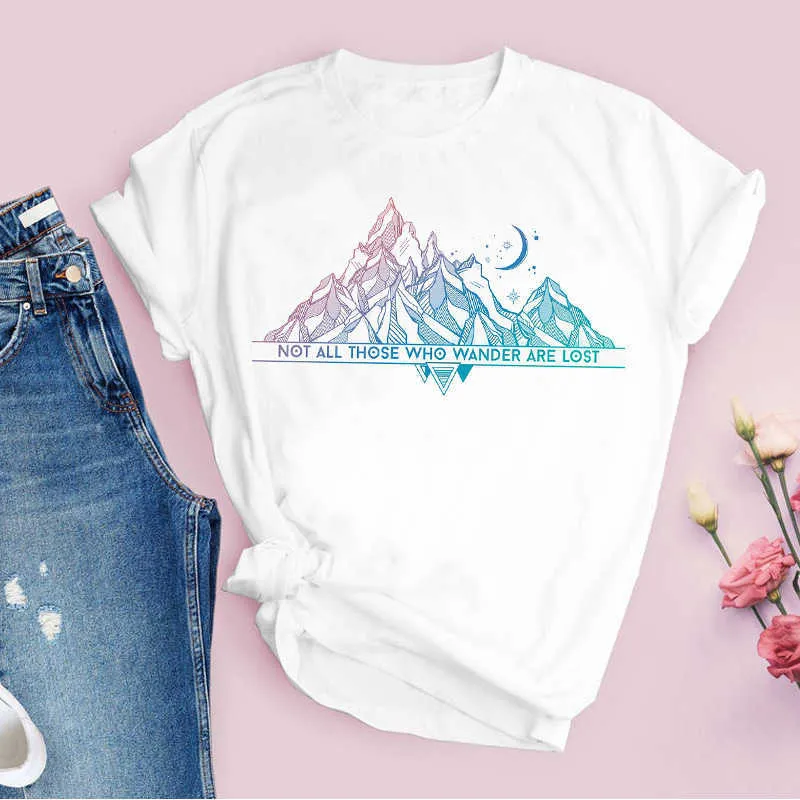 Dames Afdrukken Graphic Mountain Short Mouw Adventure Cartoon 90s Print Tops Lady Tees Kleding Vrouwelijke T-shirt Womens T-shirt X0628