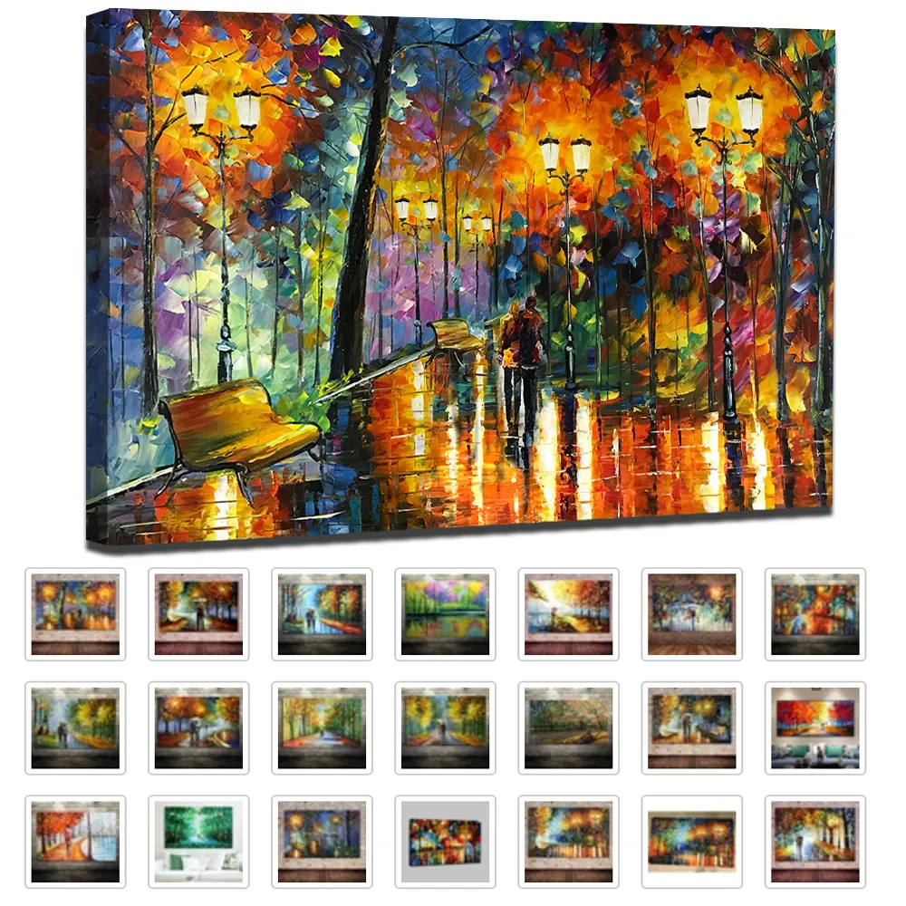 Grote handgeschilderde minnaar regen straat boom lamp mes landschap olieverf op canvas muur kunst voor woonkamer home decor foto 210310