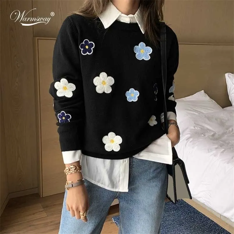 Koreanska blommiga emobroidery pullover tröja högkvalitativa kvinnor eleganta o neck stickade toppar c-089 211103