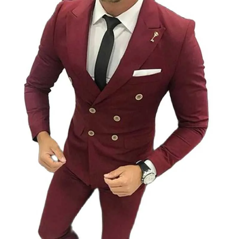 Doppiopetto Borgogna Abiti da uomo Stile casual Slim Fit Smoking da sposa 2 pezzi Giacca moda maschile con pantaloni Nuovo arrivo 2021 X0909