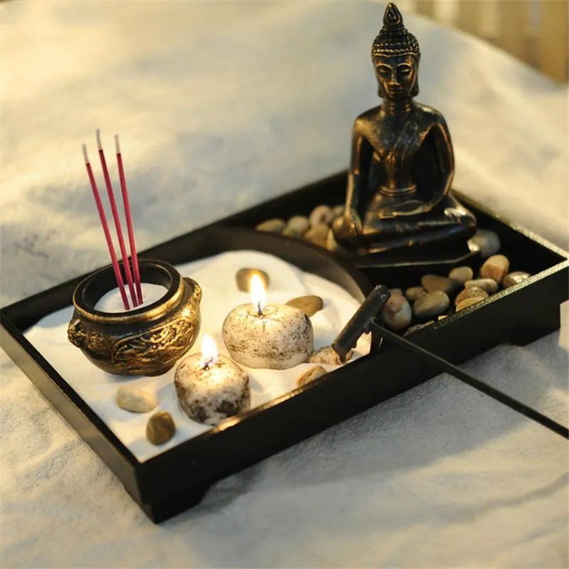Fragranza Lampade in resina Statua di Buddha Statua Zen Meditazione Tranquillo Relax Decor Set Giardino Spirituale Cassetto per sabbia Cassetto del vassoio di sabbia Bruciatore di incenso