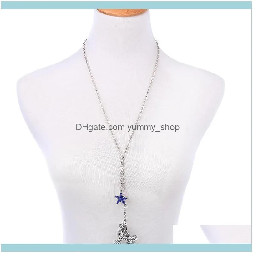 Fashion Long Blue Crystal Star Sheep Pendant Necklace Silver Color Chain Cute Animal Necklace Accessories for Women