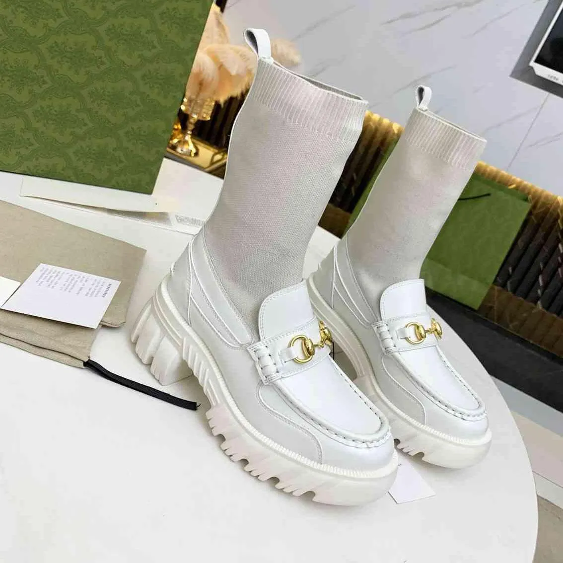 Designer Women Boots Bee Thick Sole Platform 5CM Socks Shoes Ladies Title Buckle Horse Short Ankle Boot Cowhide Genuine Leather Diamonds High Top Shoe 35-41