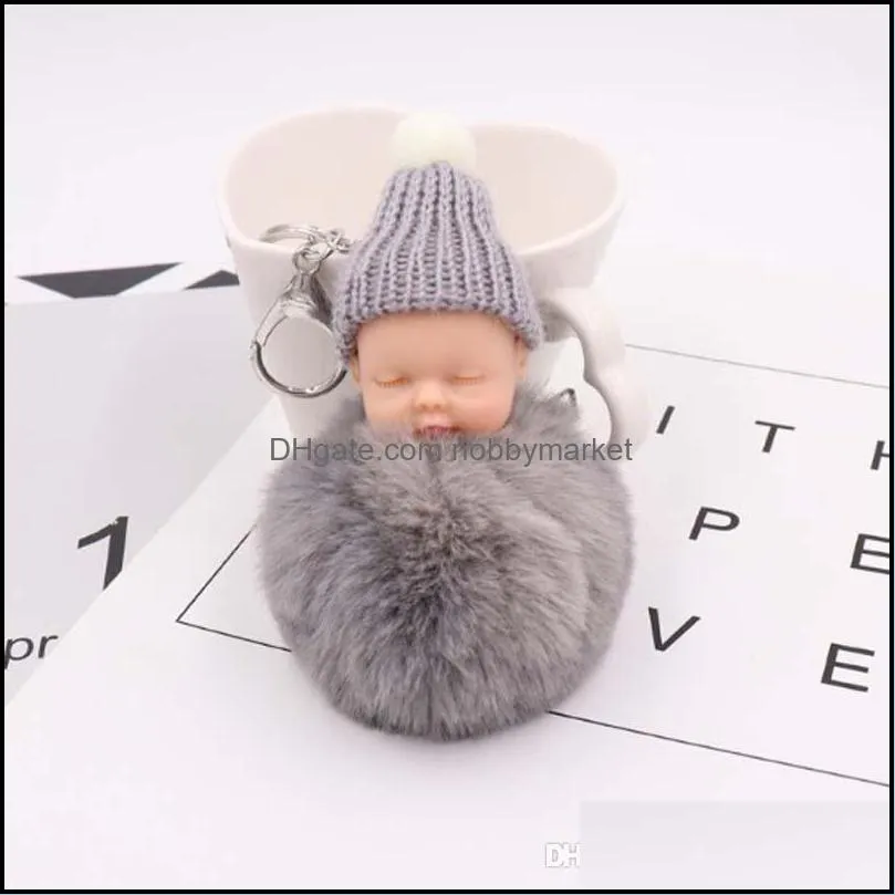 Baby Fur Ball Doll Keychain Sleeping Baby Doll Pompom Rabbit Fur Key Chain Car Keyring Key Holder Charm Jewelry