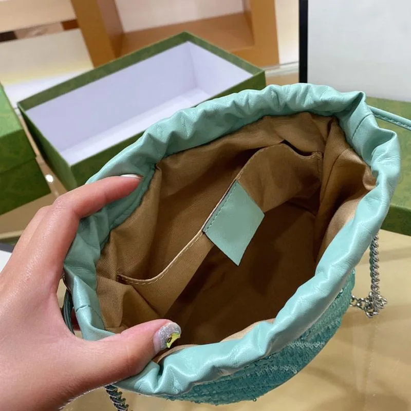 Sequins Bucket Bag Handbag Purse Bling Chain Crossbody Bags Fashion Letter Genuine Leather Patchwork Drawstring Pocket