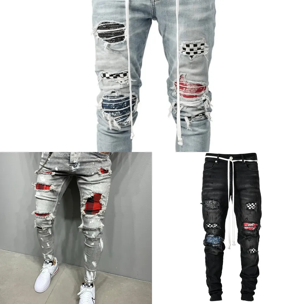 Noir Skinny Jeans Hommes Déchiré Grille Patchwork Stretch Denim Pantalon Élastique Hip Hop Pantalon Jogging Crayon Pantalon 2020 Hommes Vêtements X0621