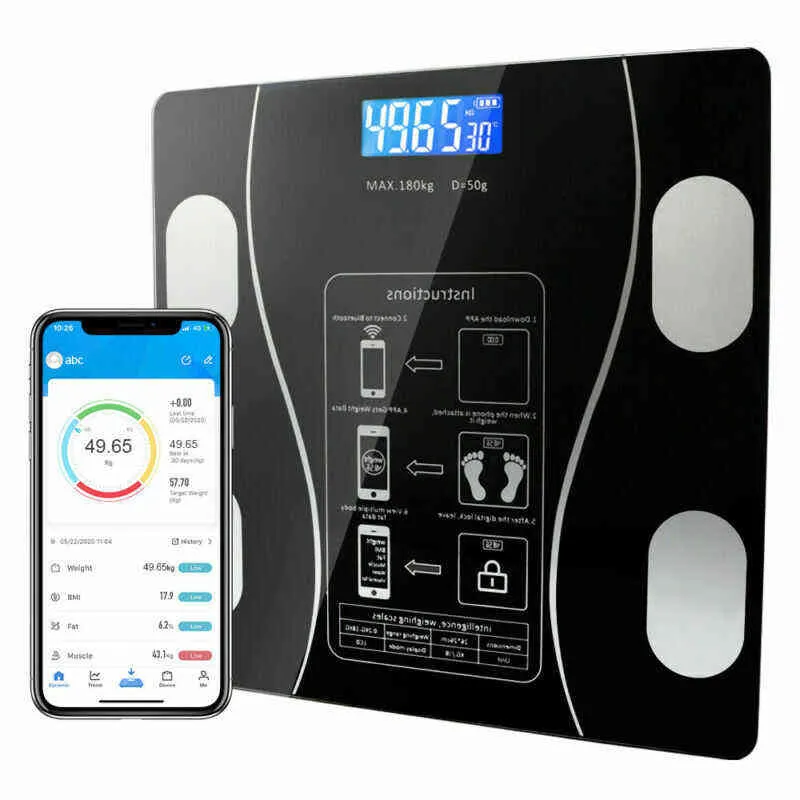 USB-Bluetooth-Waage, Boden-Körpergewicht, Badezimmerwaage, intelligente LCD-Display-Skala, Körpergewicht, Körperfett, Wasser, Muskelmasse, Bmi 180 kg, H1229